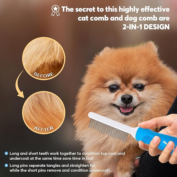 Detangling Pet Grooming Comb for Dogs & Cats with Long & Short Stainless Steel Metal Teeth for Removing Tangles and Knots - Dematting Brush to Detangle Matted Hair