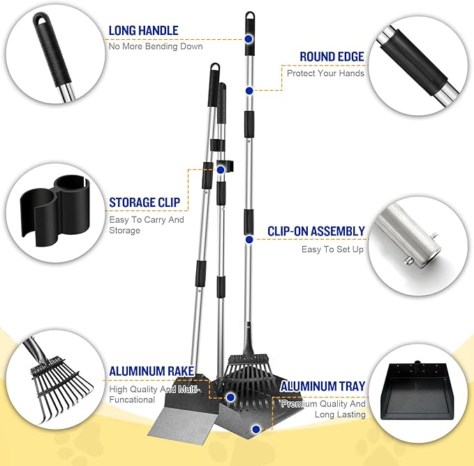 Dog Pooper Scooper, Tray Rake and Spade 3 Pack Poop Scoop Adjustable Long Handle Metal with Bin for Pet Waste Removal, No Bending Clean Up for Large and Small Dogs