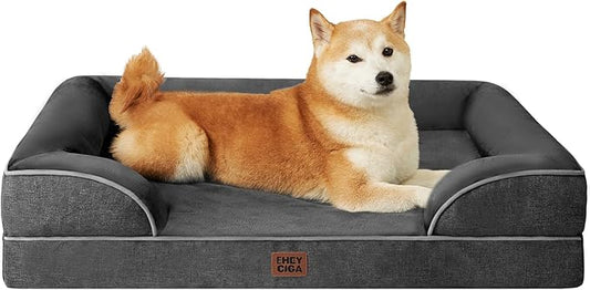 EHEYCIGA Orthopedic Dog Beds for Large Dogs, Waterproof Memory Foam Large Pet Bed with Sides, Non-Slip Bottom and Egg-Crate Foam Dog Couch Bed with Washable Removable Cover, Dark Grey