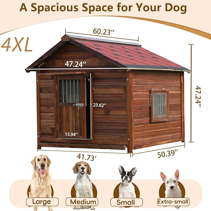 Dog House Outdoor, Solid Pine Wood Dog House with Waterproof Roof, Warm Spacious Pet House, Heavy Duty Animal Shelter for Large Breed Weatherproof, 4XL