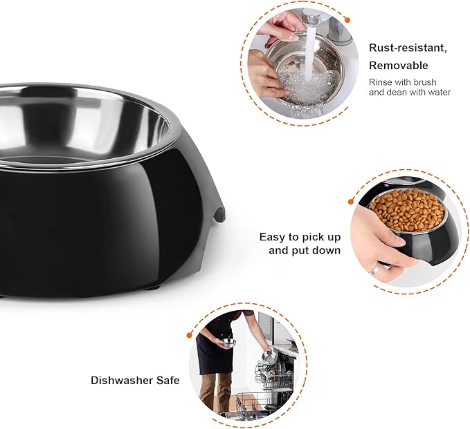 Double Dog Bowls Set – Non-Slip Pet Food & Water Dishes with Resin Stand, Includes Small (1 Cup) & Medium (2 Cups) Bowls – Ideal for Puppies, Cats, and Medium Dogs –Black