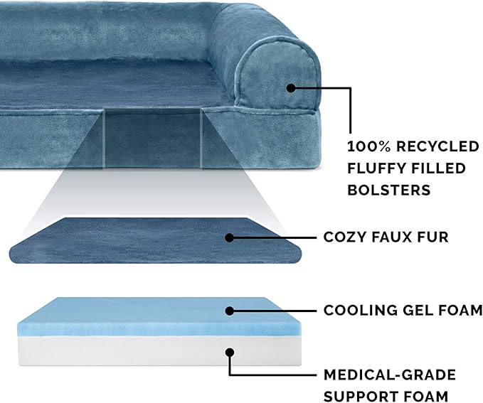 Furhaven Cooling Gel Dog Bed for Medium/Small Dogs w/ Removable Bolsters & Washable Cover, For Dogs Up to 35 lbs - Faux Fur & Velvet Sofa - Harbor Blue, Medium