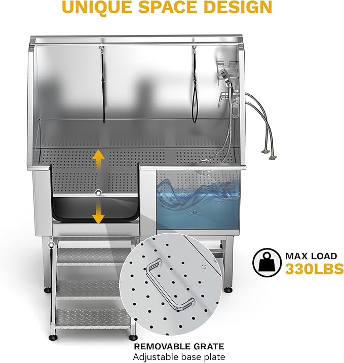 DWVO Professional Pet Dog Bathing Station for Grooming, 50'' Dog Grooming Bathtub with Left Stairs, Floor Grate, Faucet, Showerhead & Soap Holder for Large, Medium & Small Pets