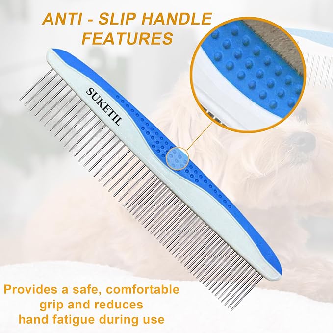 Dog Grooming Comb for Matting, Dog combs for grooming matting, Dematting Comb for Dogs and Cat with Stainless Steel Teeth & Non-Slip Handle (Style 1- Blue)