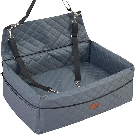 Dog Car Seat for Large/Medium Pet, Anti Slip Bottom Dogs Booster Seat for All Seasons,Pet Travel Bed with Thick Dog Sofa Cushion, Storage Pockets 2 Safety Leashes