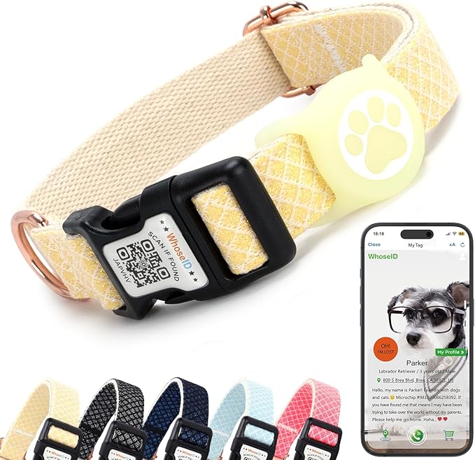 Dog Collar with Waterproof AirTag Holder & Anti-Lost QR Code, Cute Bling Warpping Adjustable Width for Small Medium Large Pet (Yellow, L)