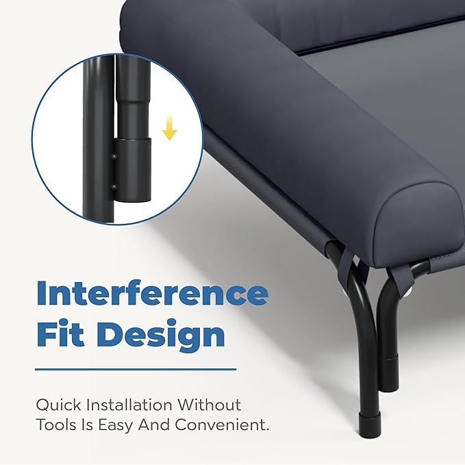 Easy Assemble Elevated Dog Bed - Cooling Outdoor Cot with Bolster, Washable Raised Bed with Durable Breathable Teslin Mesh, Non-Slip Feet - Deep Grey, M