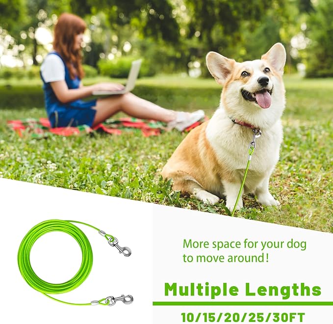 Dog Tie Out Cable 10/15/20/25/30 FT Runner for Yard Steel Wire Cable with Durable Superior Clips Green Chains for Outside Dog Lead for Large Up to 165 Lbs