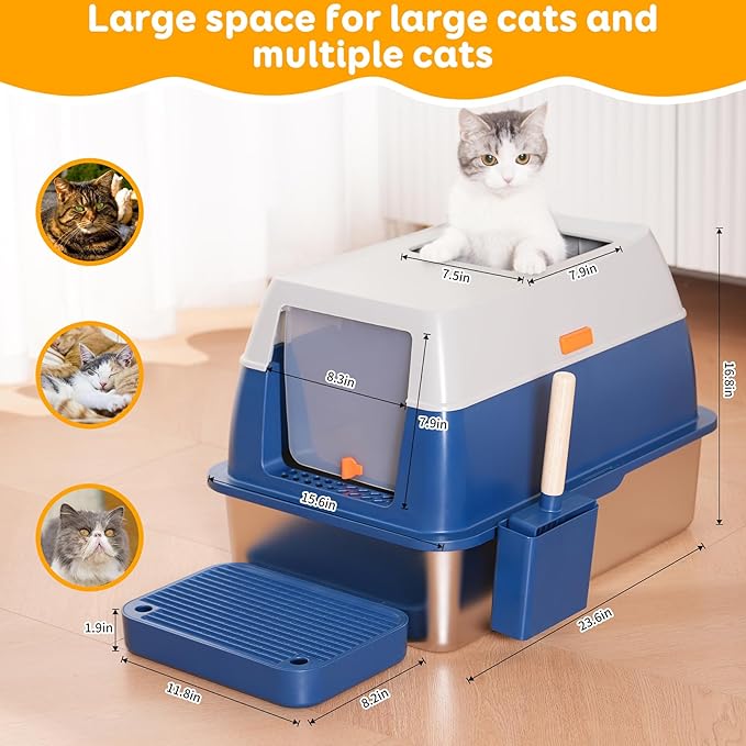 Enclosed Stainless Steel Litter Cat Box with Lid for Big Cats, Top Entry Covered Jumbo Metal Tray, Extra Large, High Sides, Durable, Anti Leakage, Odorless, Non-Sticky, FOXORU