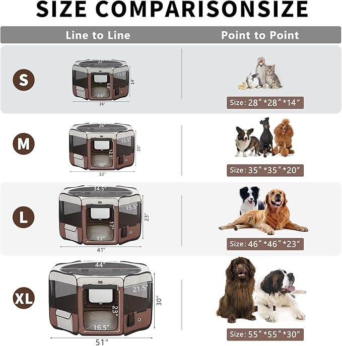 DONORO Dog Playpen 46" Portable Pet Play Pens for Small Medium Dogs, Foldable Exercise Kennel Tent Crate Indoor/Outdoor Travel Camping, Removable Top/Bottom (Brown, Large (46"x46"x23"), 8)