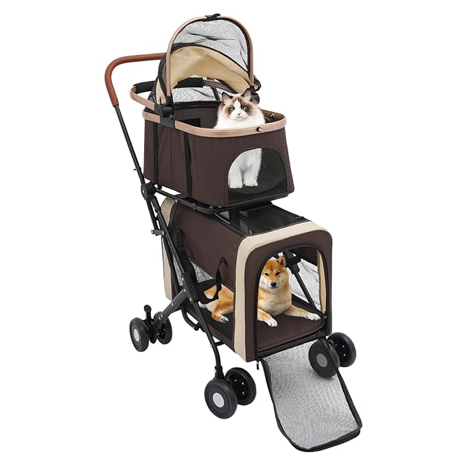 Double Pet Stroller with Detachable Carriers, Large Cat & Dog Stroller with 4 Wheels, Foldable Pet Strollers Small & Medium Dogs Cats 77lbs (Coffee Color)
