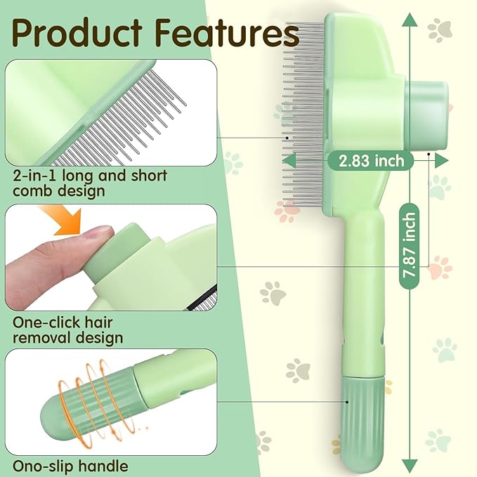 Pet Hair Removal Comb Flea Comb, New Cat Brush with Release Button Pet Hair Grooming Brush Supplies (GREEN)