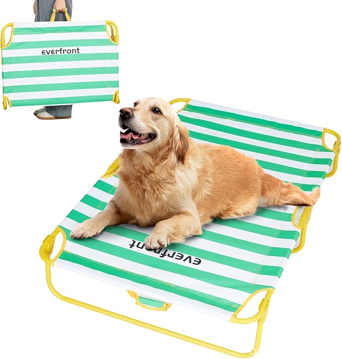 Dog Elevated Bed Foldable Portable Raised Bed Camping cot Outdoor Summer Dog Bed (Large, GreenStripes-Oxford Fabric)