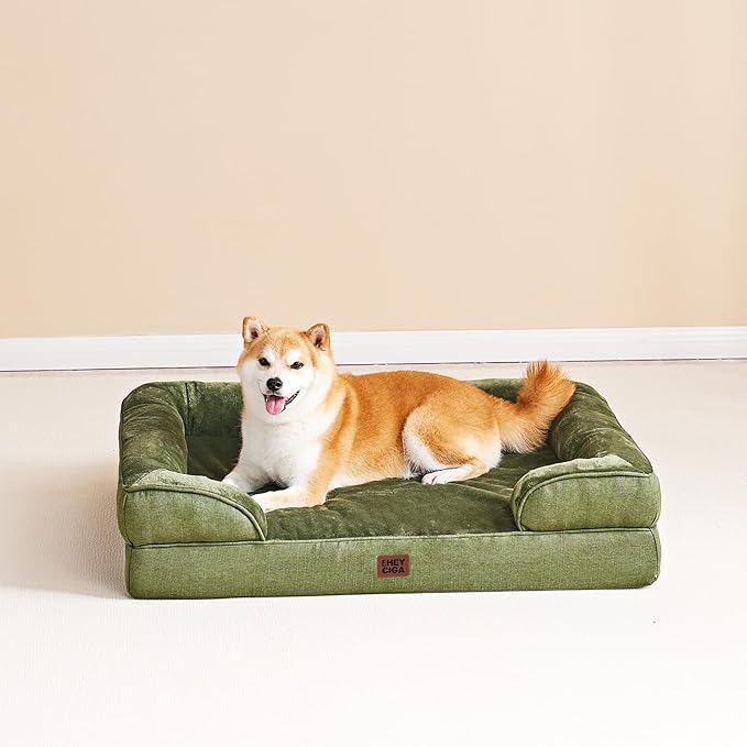 EHEYCIGA Orthopedic Dog Beds Large Sized Dog, Waterproof Memory Foam Pet Bed with Sides, Non-Slip Bottom Large Pet Bed with Washable Removable Cover, Olive Green