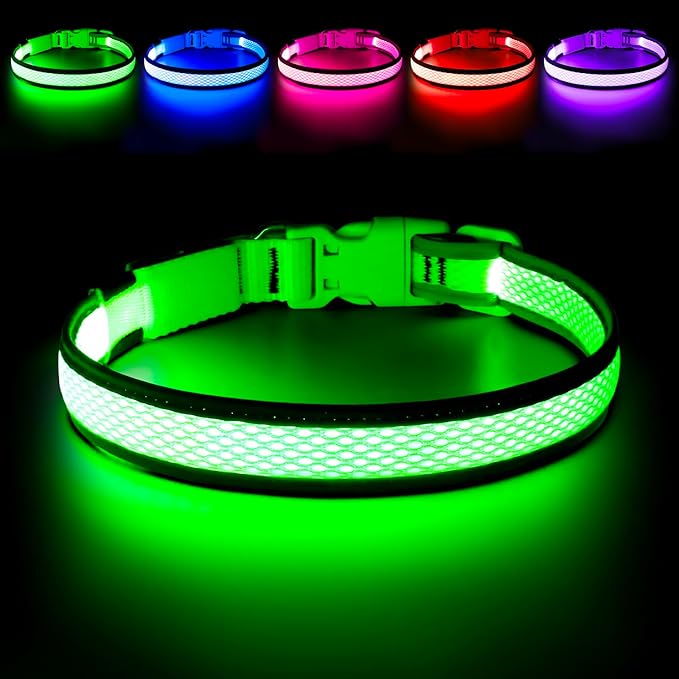 Flashseen LED Dog Collar, Light Up Dog Collar Lights USB Rechargeable, Adjustable Comfortable Soft Mesh Safety Collar for Small, Medium, Large Dogs(Large, Neon Green)