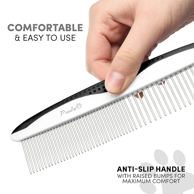 Poodle Pet Dog Combs for Grooming | 2 Pack | Stainless Steel Teeth Easily Remove Dirt | Proper Care Prevents Knots and Mats for Long and Short Haired Pets | Anti-Slip Comfort Grip Handle (Black)