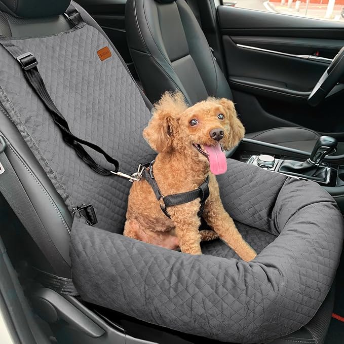 Dog Car Seat for Small Medium Dogs Up to 40lbs, Detachable Washable Soft Pet Booster Travel Bed for Front & Gray Seat with Safety Leash Belt