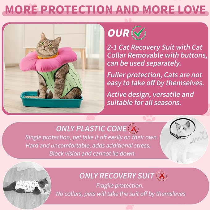 EMUST Cute Cat Recovery Suit and Adjustable Flower Cone Collar Set - Soft Surgical Suit for Abdominal Wounds, Cat Cones After Surgery for Female Kittens Under 4lb (Green)