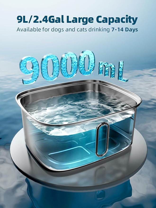 Dog Water Fountain for Large Dogs, 9L/2.4Gal Stainless Steel Dog Fountain with Water Level Window & Filtration, Automatic Pet Water Bowl Dispenser Indoor, Super Quiet (with 6 Filters)