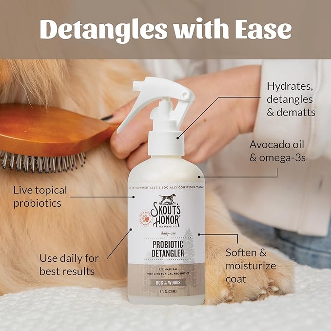 Skout's Honor Pet Detangler Spray - Hydrating & Conditioning with Avocado Oil & Probiotics, 97% Natural, Paraben & Sulfate-Free, softens for a More brushable Coat, Daily Use, 8oz, Dog of The Woods