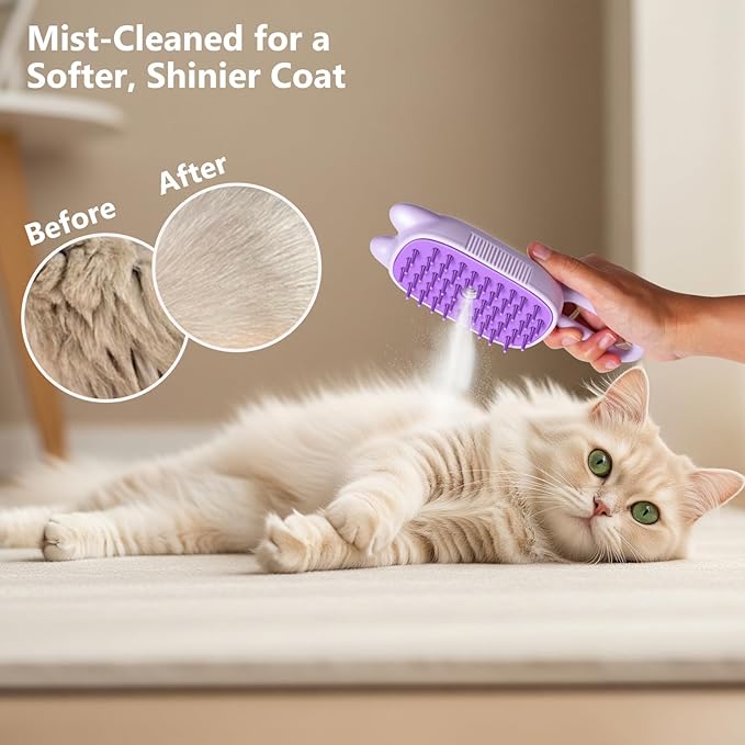 Rechargeable Cat Steam Brush with Mist Spray, 3-in-1 Pet Steam Brush for Long and Short Haired Cats and Small Dogs, Anti-Static, De-Shedding, Detangling, Massage, Purple Cat Design