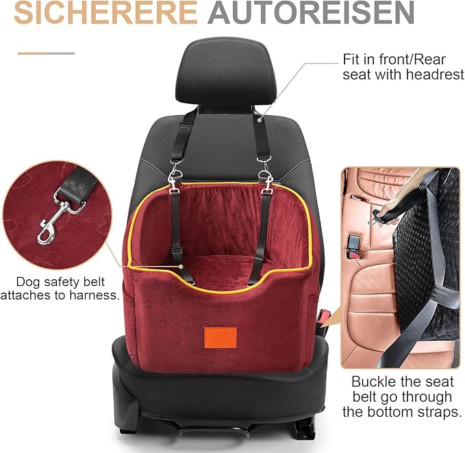 Dog Car Seat for Small Dogs, Memory Foam Booster Dog Seat for Dogs up to 35 lbs, Elevated Pet Car Seat, Travel Safety Pet Seat with Washable Removable Cover, Storage Pockets (Red)