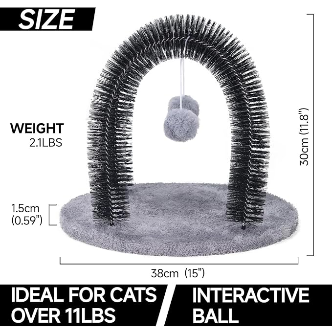 Cat Arch Self Groomer Massager, Kitty Grooming Brush with 2 Brushes and Heavy Plush Base, Cat Face and Back Scratchers, Scratching Post for Indoor and Outdoor Cats with 2 Plush Balls