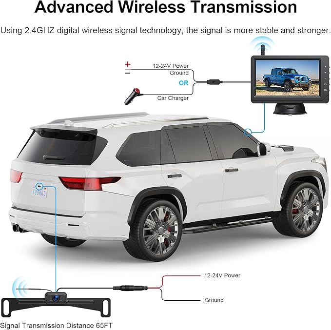 Fookoo HD 1080P 5-inch Wireless Backup Camera, 5" Split Screen Monitor Rear View Licence Plate Camera, DIY Guide Lines Wide Angle IP69 Waterproof Easy to Install for Car Pickup Van SUV - DW5CT
