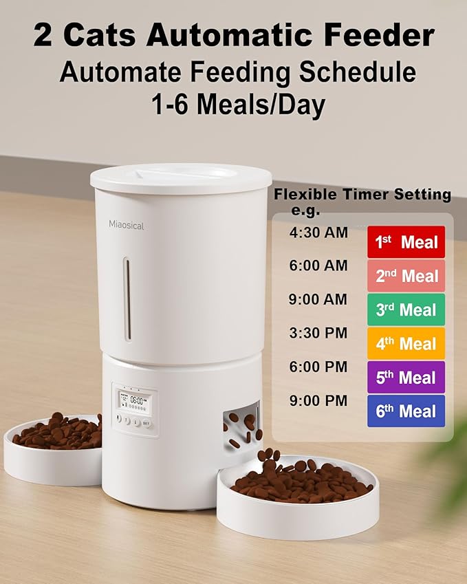 Dual Automatic Cat Feeder 2 Cats,6 Meals/Day,12 Portions/Meal,4.2L Dual Power Double Bowls Feeder,Dry Food Auto Pet Dispenser,10S Voice Record,Flexible Schedule Timer (White,Basic Dual Bowls)