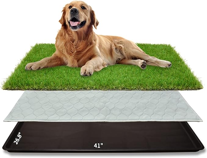 Dog Grass Large Potty Patch, Dog Litter Boxes Artificial Grass Bathroom Turf for Pet Training, Washable Puppy Pee Pad, Perfect Indoor/Outdoor Portable Potty Pet Loo (Tray system-41"X26.8")