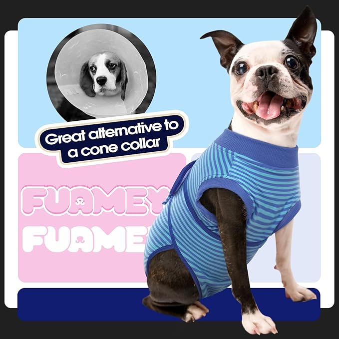 FUAMEY Recovery Suit for Dogs After Surgery,Soft Breathable Dog Bodysuit E-Collar & Cone Alternative Surgical Suit,Male Female Dog Neuter Spay Suits Anti Licking Wounds Onesie Navy Blue Strips XS