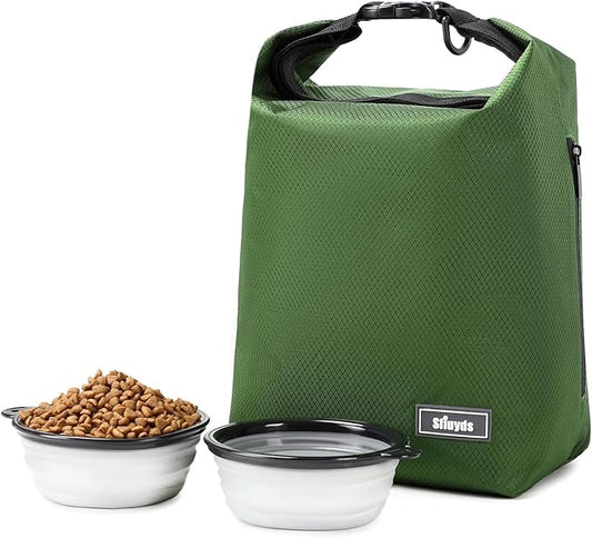 Dog Food Travel Bag with 2PCS Collapsible Dog Travel Bowls,Air Tight Dog Food Storage Container(Green, Small)