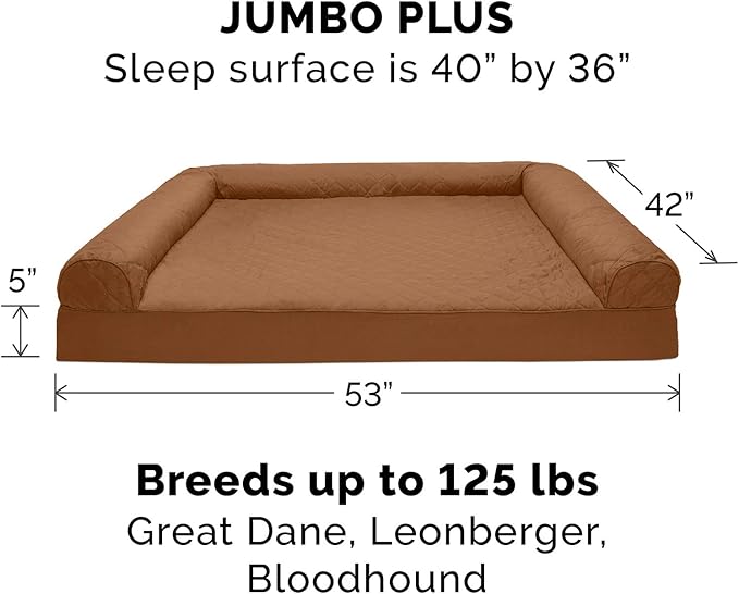 Furhaven Cooling Gel Dog Bed for Large Dogs w/ Removable Bolsters & Washable Cover, For Dogs Up to 125 lbs - Quilted Sofa - Toasted Brown, Jumbo Plus/XXL