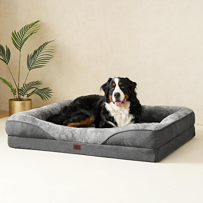 EHEYCIGA Memory Foam XL Dog Bed for XLarge Sized, Extra Large Orthopedic Dog Sofa with Sides and Waterproof Liner, Washable Bolster Pet Couch with Removable Cover, 48x35x7.5 Inch, Grey
