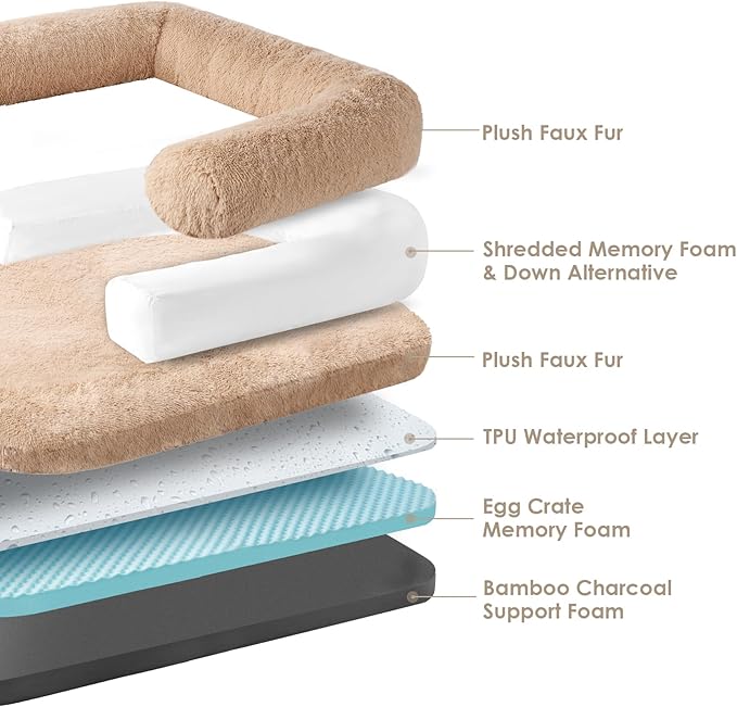EHEYCIGA Foldable Dog Bed, Faux Fur Fluffy Dog Couch Bed, Orthopedic Calming Memory Foam Pet Bed for Small Dogs, Washable Soft Warm Pet Sofa Bed with Non-Slip Bottom, Camel, 40"x30"x6"
