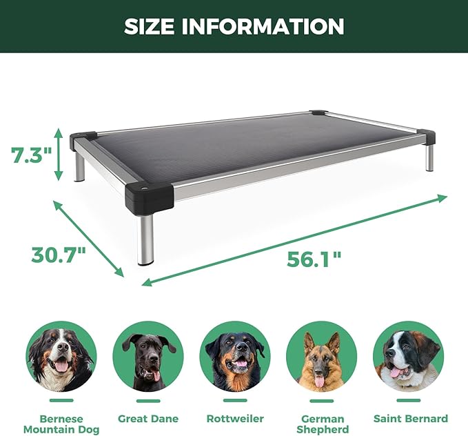 FXW TitanNest Chew-Proof Elevated Dog Bed, Raised Cot for Indoor/Outdoor/Camping Use, Durable & Washable Padded Pet Bed for Extra-Large Dogs, 56.0" L x 31.0" W x 7.3" H, Gray