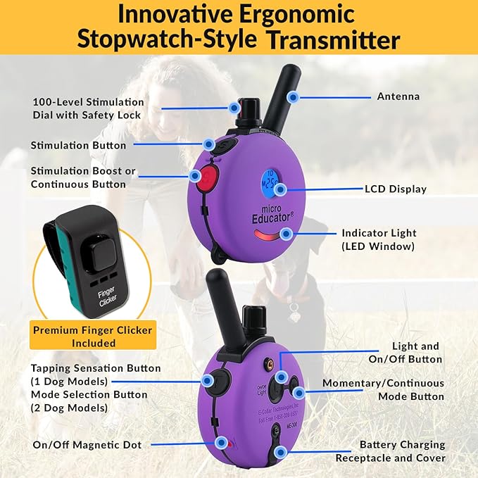 Educator E-Collar Humane Dog Training Collar with Remote, 100 Safe Tapping Stimulation Levels, Night Light, Waterproof, Rechargeable, 1/3 Mile 2 Small Dogs Double Bungee Collar Bundle, Purple