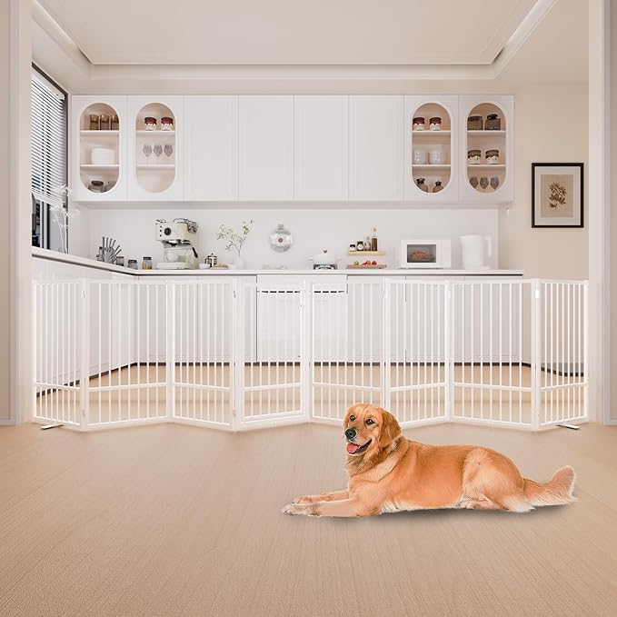 Full Metal Freestanding Dog Gate with Door, 36''Height Foldable Pet Dog Fence for Indoor & Outdoor, 8 Panels Extra Wide Free Standing TallDog Gates for Doorways,House,Stairs,Porch,Deck,Yard