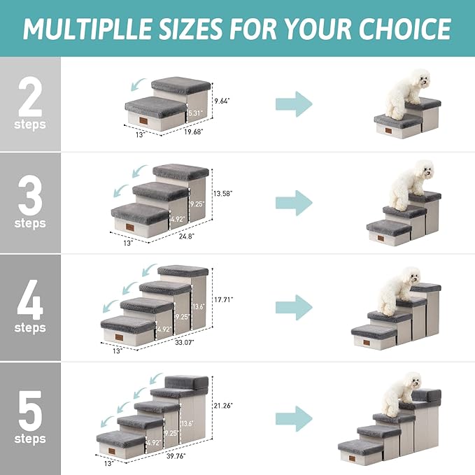 Dog Stair for Small Dogs with Storage, Foldable Pet Step with Soft Cover, Older Cat Ramp for Chair Couch Sofa, Lightweight, Durable, Comfort, 33x13x17.7 inch, 4 Tiers Grey
