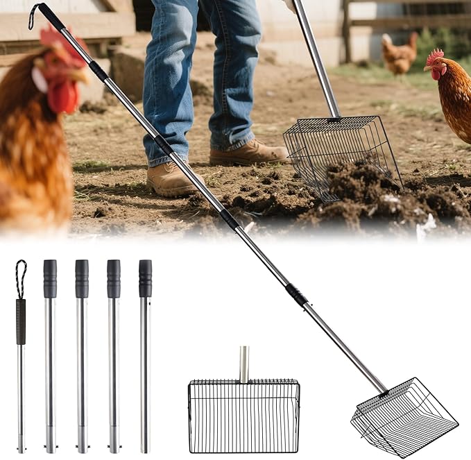 10 inch Large Chicken Poop Scooper,4 in1 Chicken Coop Poop Shovel,Adjustable 32" to 67" Stainless Steel Chicken Coop Scoop,Litter Sifting Shovel Poop Scooper for Chicken Coop Pet Waste