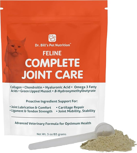 Dr. Bill’s Feline Complete Joint Care | Advanced Hip & Joint Supplement for Cats | Green Lipped Mussel Extract, Collagen Type II, Chondroitin, Hyaluronic Acid, Omega 3 and Colostrum | Powder, 85g