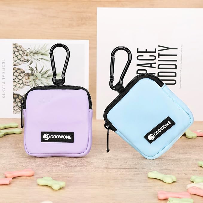 Dog Treat Pouch 2 PCS, Waterproof Small Dog Treat Bag for Leash, Hands Free Puppy Walking Bag with Carabiner, Pet Poop Bag Holder for Pet Puppy Travel or Outdoor Use, Zipper Closure to Avoid Spilling