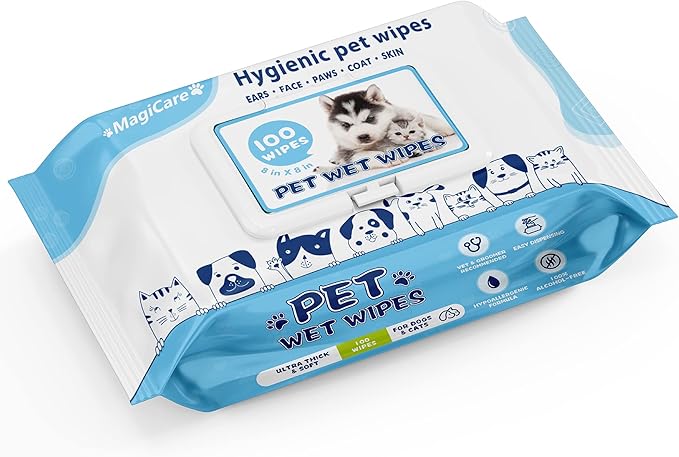 MAGICARE Pet Wipes – 100 pcs Dog Wipes – 8x8 Inch Unscented Dog Paw Cleaner Wipes for Body, Ears, Face, and Skin – Ultra Thick and Soft with Hypoallergenic Formula – Ideal Pet Wipes for Dogs & Cats