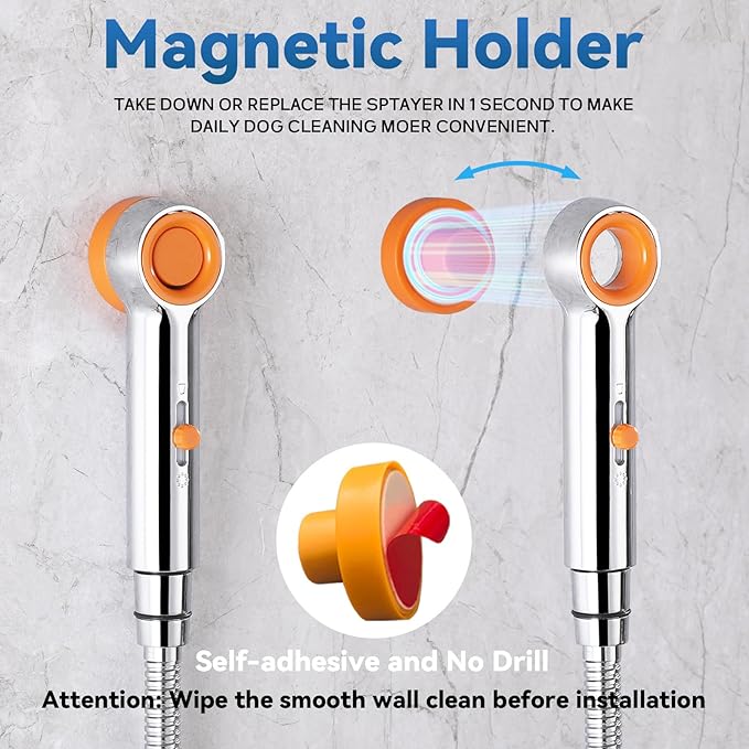 Dog Shower Attachment, 3 Mode Handheld Sprayer with ON/OFF Switch, G1/2" Metal Diverter, 100 Inches Stainless Steel Hose, No Drill Holder, for Pet and Dog Washing in Bathroom
