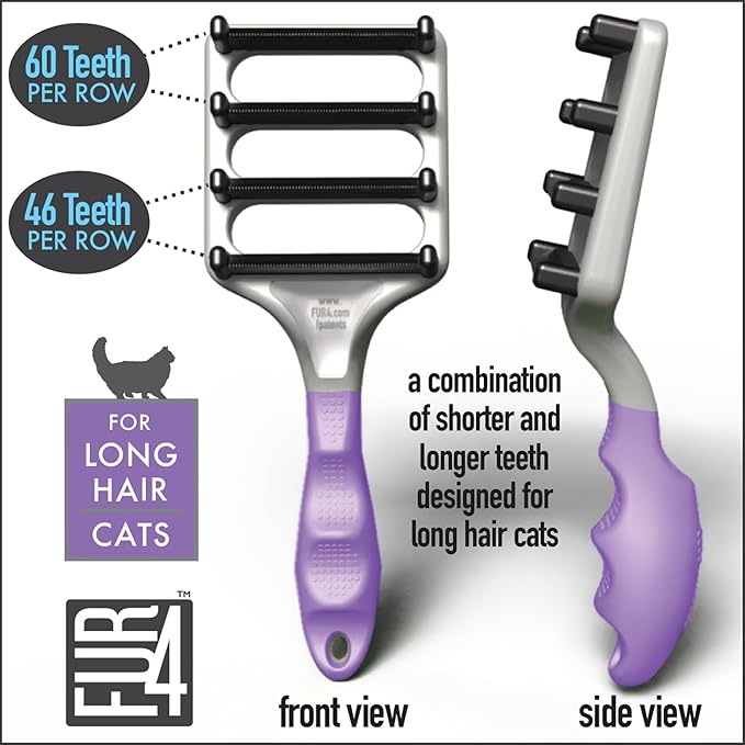FUR4 deShedding Tool for Long Hair Cats - Innovative Cat Grooming Brush with 4 Composite Carbon Fiber Edges for Effective Fur Removal - Cat Hair Deshedder Brush for a Comfortable Grooming Experience