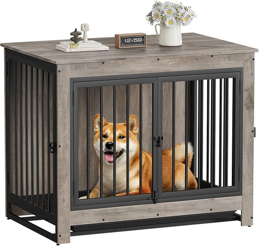 Dog Crate Furniture, Dog Crate End Table for Medium and Large Dogs,Wooden Cage Kennel Furniture Indoor, Modern Dog Crate with Multi-Purpose Removable Tray, Double-Doors Dog Furniture