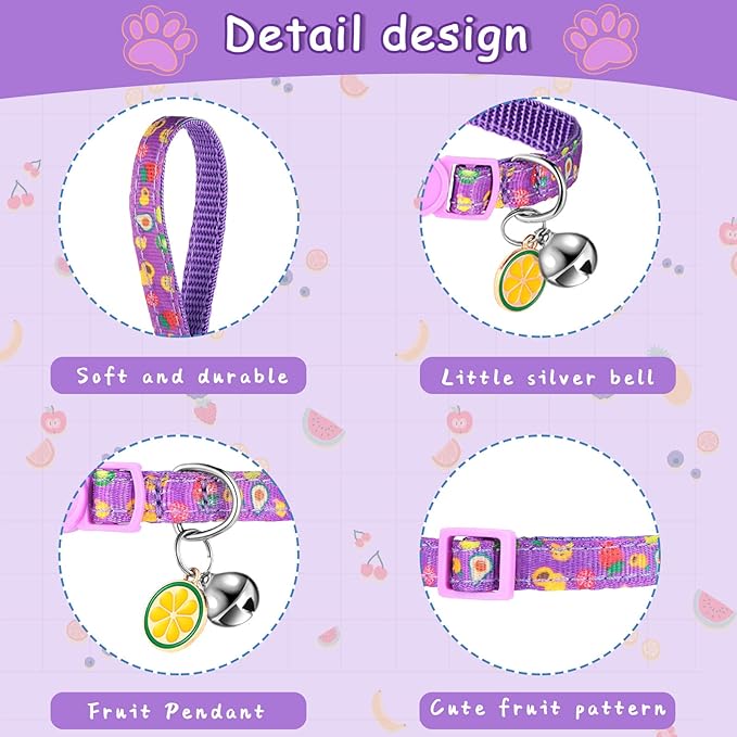 Frienda 12 Pcs Spring Summer Breakaway Cats Collars Girl Cat Safety Adjustable Collars with Bell and Summer Fruit Patterns Pendants Set for Pets Decoration(Medium)