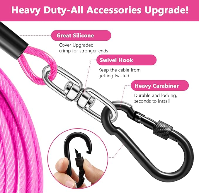 Dog Tie Out Cable 20FT-500Lbs,Heavy Duty Dog Leads&Tether for Yard with Swivel Hook,Small Large Dogs Leash Line for Outside,Rust Chew Proof Dogs Run Cable for Outdoor Camping (Pink, 20FT)