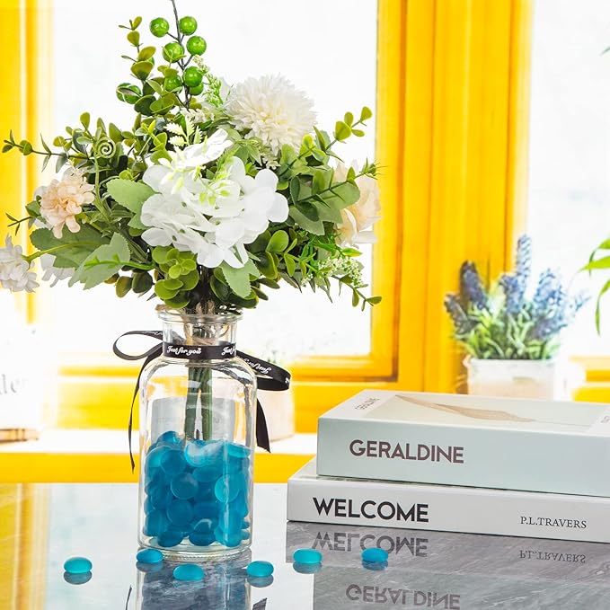 FUTUREPLUS 1LB Frosted Flat Marbles, Blue Glass Pebbles Beads Vase Fillers Decorative Fish Tank Aquarium Rocks for Centerpieces Table Decor