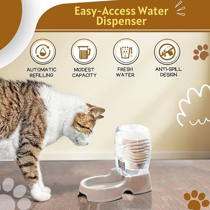 Flexzion Automatic Gravity Pet Waterer for Cat & Dog - Non-Skid & Easy-Clean Auto Replenish Water Dispenser Drinking Bowl (1/4 Gallon/ 900ml), Beige